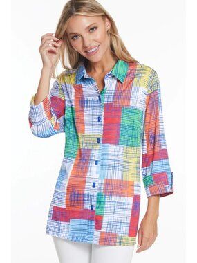 Multiples Womens Button-Down Shirt top tunic Multicolor Grid Print size large
